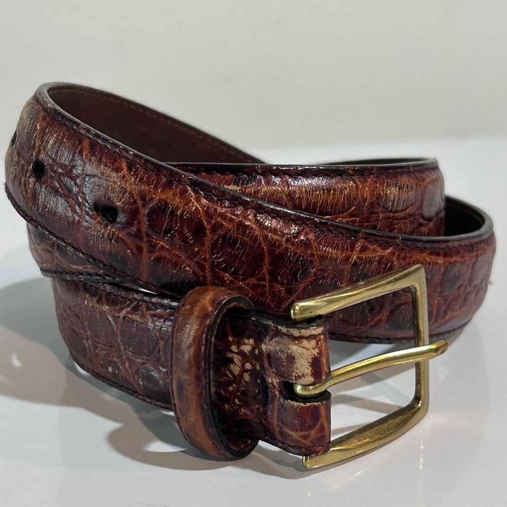 Vintage Cole Haan Brown Croc Embossed Leather Belt 90/36 Solid Brass